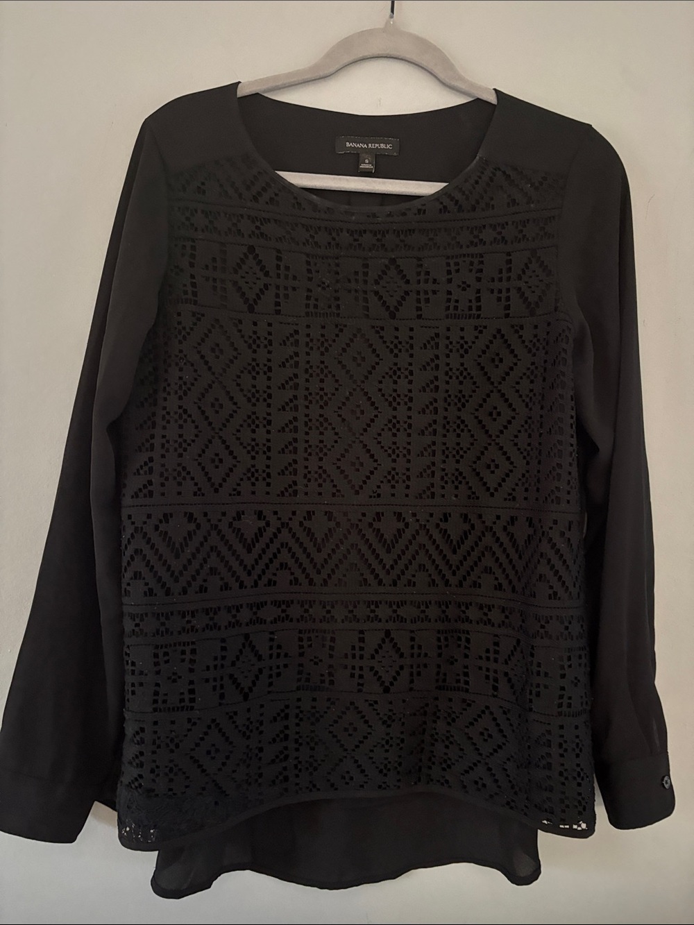 Banana Republic Black Long-Sleeve Crochet Front Top